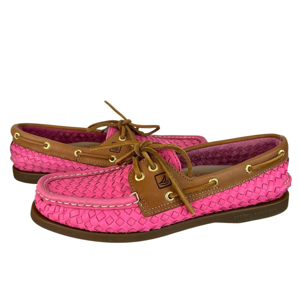 Sperry Top Sider Shoes Women Pink Leather Woven Boat Shoes Slip On (Sz 8.5)